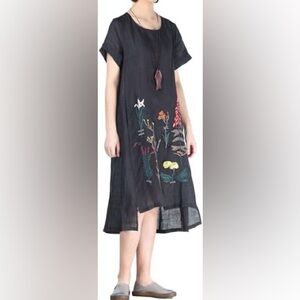 🐇Minibee Embroidered Linen Dress Summer A-Line Sundress Hi Low Tunic xxl